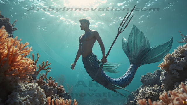 AI-generated HD photos featuring Mermen, The Warriors of the Sea. A collection of over 1,000 AI generated photo images of Mermen Warriors. Shirtless men from all age groups, with slim builds to hot and sexy, muscular body types, and from teenaged boys, to young men, to the handsome Elders. Merman warriors rising from a whirlpool, with a trident in hand, set against a stormy backdrop with dramatic lighting. Vibrant coral reefs, with detailed underwater scenes, highly realistic, with obsidian scales, that shimmer in the sunlight.