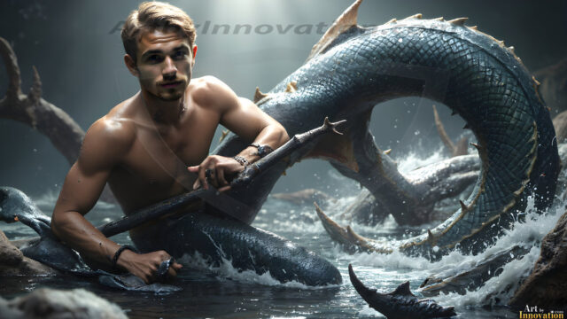 AI-generated HD photos featuring Mermen, The Warriors of the Sea. A collection of over 1,000 AI generated photo images of Mermen Warriors. Shirtless men from all age groups, with slim builds to hot and sexy, muscular body types, and from teenaged boys, to young men, to the handsome Elders. Merman warriors rising from a whirlpool, with a trident in hand, set against a stormy backdrop with dramatic lighting. Vibrant coral reefs, with detailed underwater scenes, highly realistic, with obsidian scales, that shimmer in the sunlight.