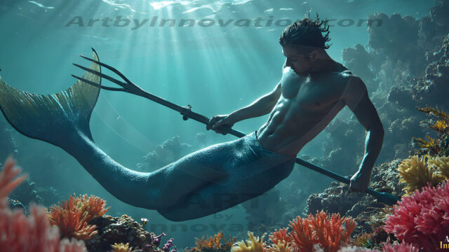 AI-generated HD photos featuring Mermen, The Warriors of the Sea. A collection of over 1,000 AI generated photo images of Mermen Warriors. Shirtless men from all age groups, with slim builds to hot and sexy, muscular body types, and from teenaged boys, to young men, to the handsome Elders. Merman warriors rising from a whirlpool, with a trident in hand, set against a stormy backdrop with dramatic lighting. Vibrant coral reefs, with detailed underwater scenes, highly realistic, with obsidian scales, that shimmer in the sunlight.