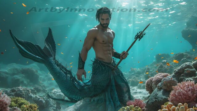 AI-generated HD photos featuring Mermen, The Warriors of the Sea. A collection of over 1,000 AI generated photo images of Mermen Warriors. Shirtless men from all age groups, with slim builds to hot and sexy, muscular body types, and from teenaged boys, to young men, to the handsome Elders. Merman warriors rising from a whirlpool, with a trident in hand, set against a stormy backdrop with dramatic lighting. Vibrant coral reefs, with detailed underwater scenes, highly realistic, with obsidian scales, that shimmer in the sunlight.