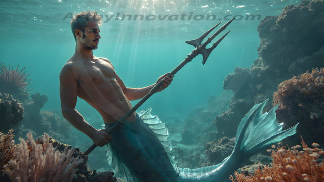 AI-generated HD photos featuring Mermen, The Warriors of the Sea. A collection of over 1,000 AI generated photo images of Mermen Warriors. Shirtless men from all age groups, with slim builds to hot and sexy, muscular body types, and from teenaged boys, to young men, to the handsome Elders. Merman warriors rising from a whirlpool, with a trident in hand, set against a stormy backdrop with dramatic lighting. Vibrant coral reefs, with detailed underwater scenes, highly realistic, with obsidian scales, that shimmer in the sunlight.