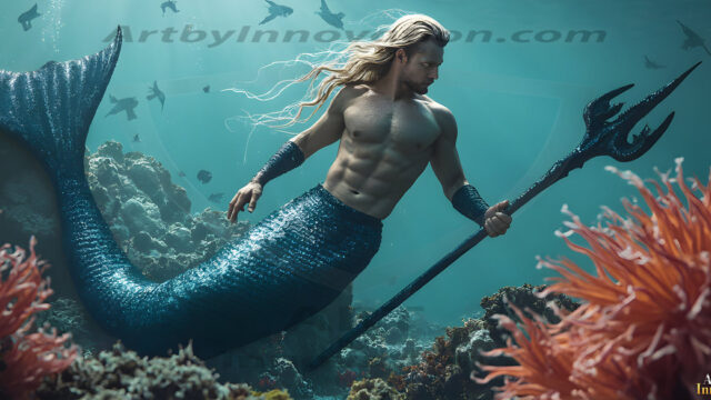 AI-generated HD photos featuring Mermen, The Warriors of the Sea. A collection of over 1,000 AI generated photo images of Mermen Warriors. Shirtless men from all age groups, with slim builds to hot and sexy, muscular body types, and from teenaged boys, to young men, to the handsome Elders. Merman warriors rising from a whirlpool, with a trident in hand, set against a stormy backdrop with dramatic lighting. Vibrant coral reefs, with detailed underwater scenes, highly realistic, with obsidian scales, that shimmer in the sunlight.