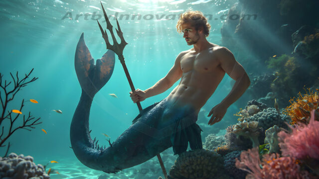 AI-generated HD photos featuring Mermen, The Warriors of the Sea. A collection of over 1,000 AI generated photo images of Mermen Warriors. Shirtless men from all age groups, with slim builds to hot and sexy, muscular body types, and from teenaged boys, to young men, to the handsome Elders. Merman warriors rising from a whirlpool, with a trident in hand, set against a stormy backdrop with dramatic lighting. Vibrant coral reefs, with detailed underwater scenes, highly realistic, with obsidian scales, that shimmer in the sunlight.