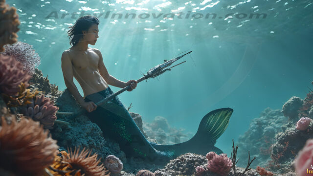 AI-generated HD photos featuring Mermen, The Warriors of the Sea. A collection of over 1,000 AI generated photo images of Mermen Warriors. Shirtless men from all age groups, with slim builds to hot and sexy, muscular body types, and from teenaged boys, to young men, to the handsome Elders. Merman warriors rising from a whirlpool, with a trident in hand, set against a stormy backdrop with dramatic lighting. Vibrant coral reefs, with detailed underwater scenes, highly realistic, with obsidian scales, that shimmer in the sunlight.