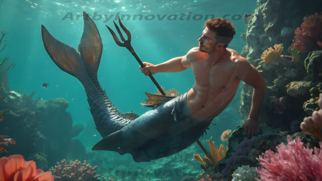 AI-generated HD photos featuring Mermen, The Warriors of the Sea. A collection of over 1,000 AI generated photo images of Mermen Warriors. Shirtless men from all age groups, with slim builds to hot and sexy, muscular body types, and from teenaged boys, to young men, to the handsome Elders. Merman warriors rising from a whirlpool, with a trident in hand, set against a stormy backdrop with dramatic lighting. Vibrant coral reefs, with detailed underwater scenes, highly realistic, with obsidian scales, that shimmer in the sunlight.
