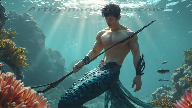 AI-generated HD photos featuring Mermen, The Warriors of the Sea. A collection of over 1,000 AI generated photo images of Mermen Warriors. Shirtless men from all age groups, with slim builds to hot and sexy, muscular body types, and from teenaged boys, to young men, to the handsome Elders. Merman warriors rising from a whirlpool, with a trident in hand, set against a stormy backdrop with dramatic lighting. Vibrant coral reefs, with detailed underwater scenes, highly realistic, with obsidian scales, that shimmer in the sunlight.