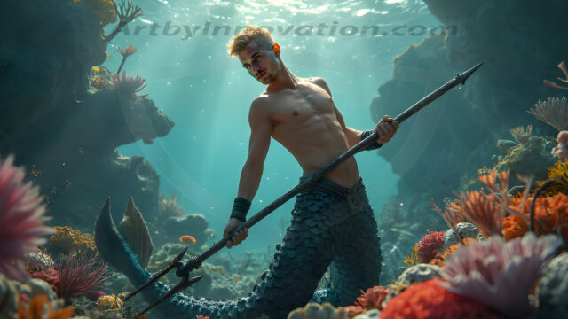 AI-generated HD photos featuring Mermen, The Warriors of the Sea. A collection of over 1,000 AI generated photo images of Mermen Warriors. Shirtless men from all age groups, with slim builds to hot and sexy, muscular body types, and from teenaged boys, to young men, to the handsome Elders. Merman warriors rising from a whirlpool, with a trident in hand, set against a stormy backdrop with dramatic lighting. Vibrant coral reefs, with detailed underwater scenes, highly realistic, with obsidian scales, that shimmer in the sunlight.