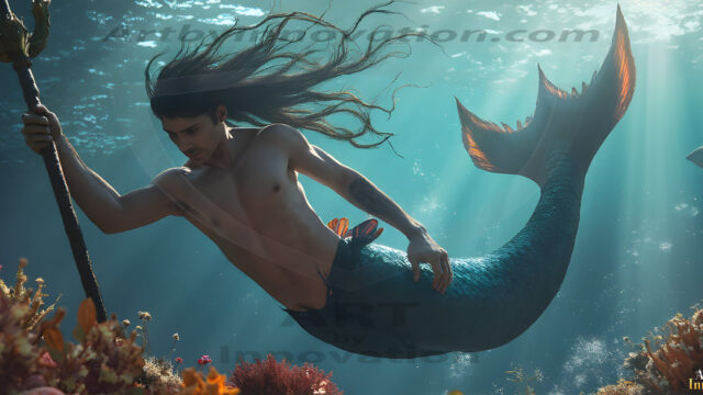 AI-generated HD photos featuring Mermen, The Warriors of the Sea. A collection of over 1,000 AI generated photo images of Mermen Warriors. Shirtless men from all age groups, with slim builds to hot and sexy, muscular body types, and from teenaged boys, to young men, to the handsome Elders. Merman warriors rising from a whirlpool, with a trident in hand, set against a stormy backdrop with dramatic lighting. Vibrant coral reefs, with detailed underwater scenes, highly realistic, with obsidian scales, that shimmer in the sunlight.