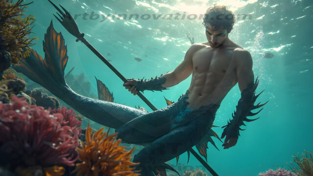 AI-generated HD photos featuring Mermen, The Warriors of the Sea. A collection of over 1,000 AI generated photo images of Mermen Warriors. Shirtless men from all age groups, with slim builds to hot and sexy, muscular body types, and from teenaged boys, to young men, to the handsome Elders. Merman warriors rising from a whirlpool, with a trident in hand, set against a stormy backdrop with dramatic lighting. Vibrant coral reefs, with detailed underwater scenes, highly realistic, with obsidian scales, that shimmer in the sunlight.