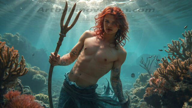 AI-generated HD photos featuring Mermen, The Warriors of the Sea. A collection of over 1,000 AI generated photo images of Mermen Warriors. Shirtless men from all age groups, with slim builds to hot and sexy, muscular body types, and from teenaged boys, to young men, to the handsome Elders. Merman warriors rising from a whirlpool, with a trident in hand, set against a stormy backdrop with dramatic lighting. Vibrant coral reefs, with detailed underwater scenes, highly realistic, with obsidian scales, that shimmer in the sunlight.