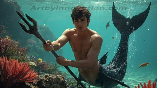 AI-generated HD photos featuring Mermen, The Warriors of the Sea. A collection of over 1,000 AI generated photo images of Mermen Warriors. Shirtless men from all age groups, with slim builds to hot and sexy, muscular body types, and from teenaged boys, to young men, to the handsome Elders. Merman warriors rising from a whirlpool, with a trident in hand, set against a stormy backdrop with dramatic lighting. Vibrant coral reefs, with detailed underwater scenes, highly realistic, with obsidian scales, that shimmer in the sunlight.