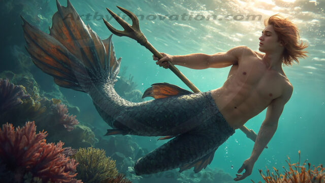 AI-generated HD photos featuring Mermen, The Warriors of the Sea. A collection of over 1,000 AI generated photo images of Mermen Warriors. Shirtless men from all age groups, with slim builds to hot and sexy, muscular body types, and from teenaged boys, to young men, to the handsome Elders. Merman warriors rising from a whirlpool, with a trident in hand, set against a stormy backdrop with dramatic lighting. Vibrant coral reefs, with detailed underwater scenes, highly realistic, with obsidian scales, that shimmer in the sunlight.