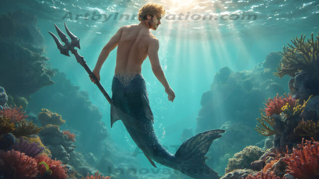 AI-generated HD photos featuring Mermen, The Warriors of the Sea. A collection of over 1,000 AI generated photo images of Mermen Warriors. Shirtless men from all age groups, with slim builds to hot and sexy, muscular body types, and from teenaged boys, to young men, to the handsome Elders. Merman warriors rising from a whirlpool, with a trident in hand, set against a stormy backdrop with dramatic lighting. Vibrant coral reefs, with detailed underwater scenes, highly realistic, with obsidian scales, that shimmer in the sunlight.