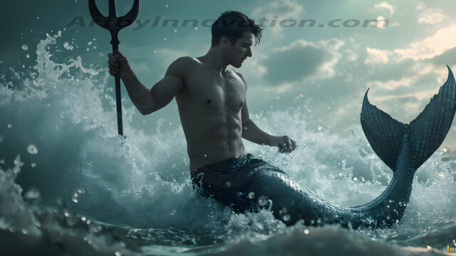 AI-generated HD photos featuring Mermen, The Warriors of the Sea. A collection of over 1,000 AI generated photo images of Mermen Warriors. Shirtless men from all age groups, with slim builds to hot and sexy, muscular body types, and from teenaged boys, to young men, to the handsome Elders. Merman warriors rising from a whirlpool, with a trident in hand, set against a stormy backdrop with dramatic lighting. Vibrant coral reefs, with detailed underwater scenes, highly realistic, with obsidian scales, that shimmer in the sunlight.