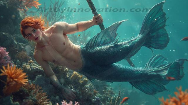AI-generated HD photos featuring Mermen, The Warriors of the Sea. A collection of over 1,000 AI generated photo images of Mermen Warriors. Shirtless men from all age groups, with slim builds to hot and sexy, muscular body types, and from teenaged boys, to young men, to the handsome Elders. Merman warriors rising from a whirlpool, with a trident in hand, set against a stormy backdrop with dramatic lighting. Vibrant coral reefs, with detailed underwater scenes, highly realistic, with obsidian scales, that shimmer in the sunlight.