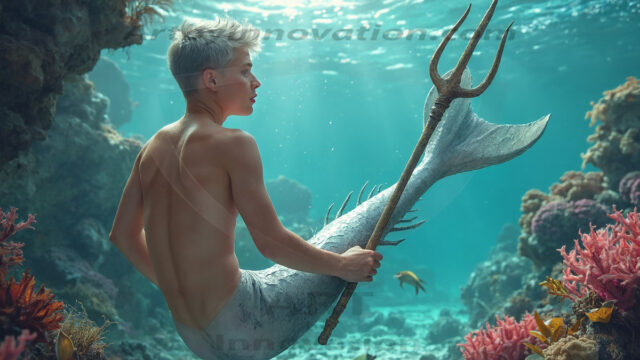 AI-generated HD photos featuring Mermen, The Warriors of the Sea. A collection of over 1,000 AI generated photo images of Mermen Warriors. Shirtless men from all age groups, with slim builds to hot and sexy, muscular body types, and from teenaged boys, to young men, to the handsome Elders. Merman warriors rising from a whirlpool, with a trident in hand, set against a stormy backdrop with dramatic lighting. Vibrant coral reefs, with detailed underwater scenes, highly realistic, with obsidian scales, that shimmer in the sunlight.