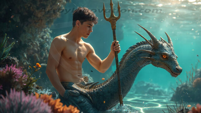 AI-generated HD photos featuring Mermen, The Warriors of the Sea. A collection of over 1,000 AI generated photo images of Mermen Warriors. Shirtless men from all age groups, with slim builds to hot and sexy, muscular body types, and from teenaged boys, to young men, to the handsome Elders. Merman warriors rising from a whirlpool, with a trident in hand, set against a stormy backdrop with dramatic lighting. Vibrant coral reefs, with detailed underwater scenes, highly realistic, with obsidian scales, that shimmer in the sunlight.