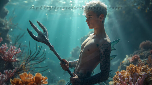 AI-generated HD photos featuring Mermen, The Warriors of the Sea. A collection of over 1,000 AI generated photo images of Mermen Warriors. Shirtless men from all age groups, with slim builds to hot and sexy, muscular body types, and from teenaged boys, to young men, to the handsome Elders. Merman warriors rising from a whirlpool, with a trident in hand, set against a stormy backdrop with dramatic lighting. Vibrant coral reefs, with detailed underwater scenes, highly realistic, with obsidian scales, that shimmer in the sunlight.