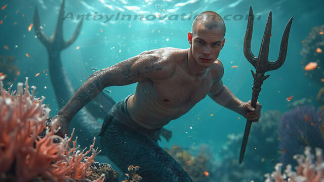 AI-generated HD photos featuring Mermen, The Warriors of the Sea. A collection of over 1,000 AI generated photo images of Mermen Warriors. Shirtless men from all age groups, with slim builds to hot and sexy, muscular body types, and from teenaged boys, to young men, to the handsome Elders. Merman warriors rising from a whirlpool, with a trident in hand, set against a stormy backdrop with dramatic lighting. Vibrant coral reefs, with detailed underwater scenes, highly realistic, with obsidian scales, that shimmer in the sunlight.