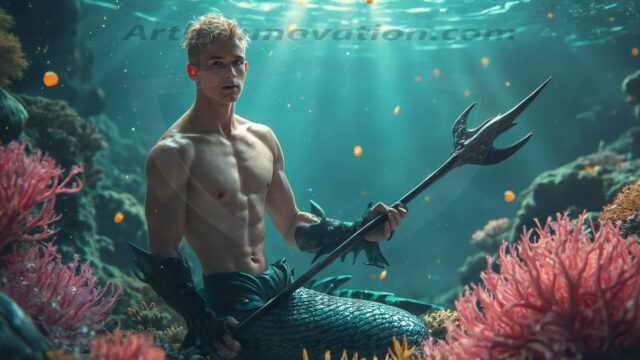 AI-generated HD photos featuring Mermen, The Warriors of the Sea. A collection of over 1,000 AI generated photo images of Mermen Warriors. Shirtless men from all age groups, with slim builds to hot and sexy, muscular body types, and from teenaged boys, to young men, to the handsome Elders. Merman warriors rising from a whirlpool, with a trident in hand, set against a stormy backdrop with dramatic lighting. Vibrant coral reefs, with detailed underwater scenes, highly realistic, with obsidian scales, that shimmer in the sunlight.