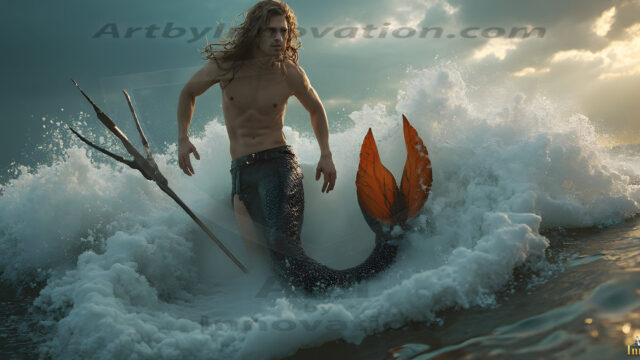 AI-generated HD photos featuring Mermen, The Warriors of the Sea. A collection of over 1,000 AI generated photo images of Mermen Warriors. Shirtless men from all age groups, with slim builds to hot and sexy, muscular body types, and from teenaged boys, to young men, to the handsome Elders. Merman warriors rising from a whirlpool, with a trident in hand, set against a stormy backdrop with dramatic lighting. Vibrant coral reefs, with detailed underwater scenes, highly realistic, with obsidian scales, that shimmer in the sunlight.