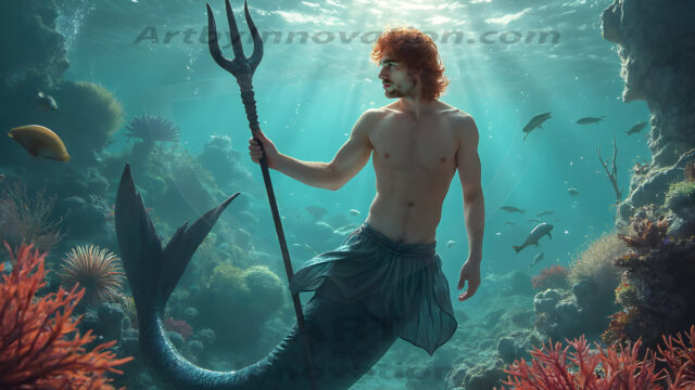 AI-generated HD photos featuring Mermen, The Warriors of the Sea. A collection of over 1,000 AI generated photo images of Mermen Warriors. Shirtless men from all age groups, with slim builds to hot and sexy, muscular body types, and from teenaged boys, to young men, to the handsome Elders. Merman warriors rising from a whirlpool, with a trident in hand, set against a stormy backdrop with dramatic lighting. Vibrant coral reefs, with detailed underwater scenes, highly realistic, with obsidian scales, that shimmer in the sunlight.