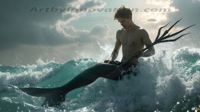 AI-generated HD photos featuring Mermen, The Warriors of the Sea. A collection of over 1,000 AI generated photo images of Mermen Warriors. Shirtless men from all age groups, with slim builds to hot and sexy, muscular body types, and from teenaged boys, to young men, to the handsome Elders. Merman warriors rising from a whirlpool, with a trident in hand, set against a stormy backdrop with dramatic lighting. Vibrant coral reefs, with detailed underwater scenes, highly realistic, with obsidian scales, that shimmer in the sunlight.