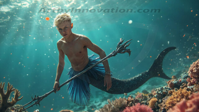 AI-generated HD photos featuring Mermen, The Warriors of the Sea. A collection of over 1,000 AI generated photo images of Mermen Warriors. Shirtless men from all age groups, with slim builds to hot and sexy, muscular body types, and from teenaged boys, to young men, to the handsome Elders. Merman warriors rising from a whirlpool, with a trident in hand, set against a stormy backdrop with dramatic lighting. Vibrant coral reefs, with detailed underwater scenes, highly realistic, with obsidian scales, that shimmer in the sunlight.