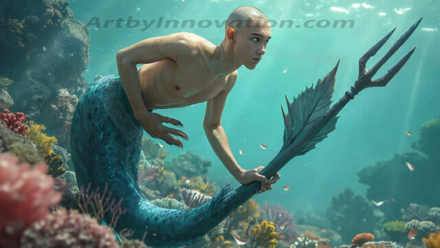 AI-generated HD photos featuring Mermen, The Warriors of the Sea. A collection of over 1,000 AI generated photo images of Mermen Warriors. Shirtless men from all age groups, with slim builds to hot and sexy, muscular body types, and from teenaged boys, to young men, to the handsome Elders. Merman warriors rising from a whirlpool, with a trident in hand, set against a stormy backdrop with dramatic lighting. Vibrant coral reefs, with detailed underwater scenes, highly realistic, with obsidian scales, that shimmer in the sunlight.