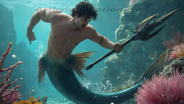 AI-generated HD photos featuring Mermen, The Warriors of the Sea. A collection of over 1,000 AI generated photo images of Mermen Warriors. Shirtless men from all age groups, with slim builds to hot and sexy, muscular body types, and from teenaged boys, to young men, to the handsome Elders. Merman warriors rising from a whirlpool, with a trident in hand, set against a stormy backdrop with dramatic lighting. Vibrant coral reefs, with detailed underwater scenes, highly realistic, with obsidian scales, that shimmer in the sunlight.