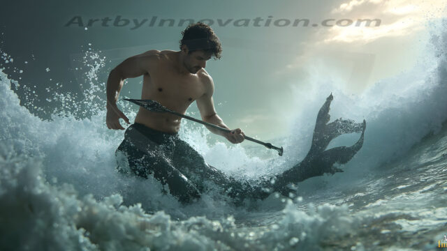 AI-generated HD photos featuring Mermen, The Warriors of the Sea. A collection of over 1,000 AI generated photo images of Mermen Warriors. Shirtless men from all age groups, with slim builds to hot and sexy, muscular body types, and from teenaged boys, to young men, to the handsome Elders. Merman warriors rising from a whirlpool, with a trident in hand, set against a stormy backdrop with dramatic lighting. Vibrant coral reefs, with detailed underwater scenes, highly realistic, with obsidian scales, that shimmer in the sunlight.
