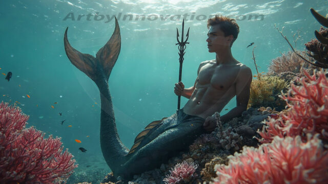 AI-generated HD photos featuring Mermen, The Warriors of the Sea. A collection of over 1,000 AI generated photo images of Mermen Warriors. Shirtless men from all age groups, with slim builds to hot and sexy, muscular body types, and from teenaged boys, to young men, to the handsome Elders. Merman warriors rising from a whirlpool, with a trident in hand, set against a stormy backdrop with dramatic lighting. Vibrant coral reefs, with detailed underwater scenes, highly realistic, with obsidian scales, that shimmer in the sunlight.