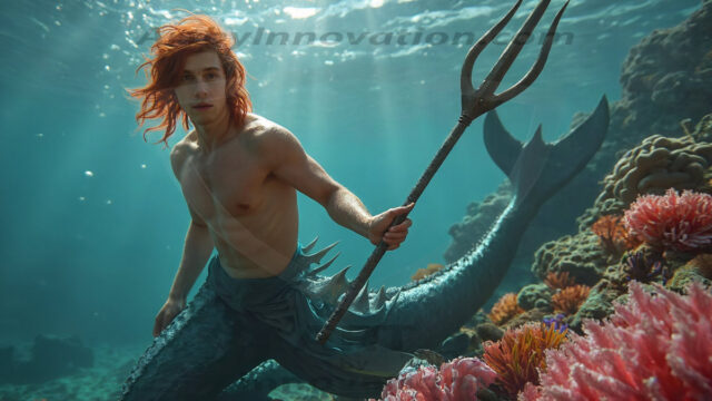AI-generated HD photos featuring Mermen, The Warriors of the Sea. A collection of over 1,000 AI generated photo images of Mermen Warriors. Shirtless men from all age groups, with slim builds to hot and sexy, muscular body types, and from teenaged boys, to young men, to the handsome Elders. Merman warriors rising from a whirlpool, with a trident in hand, set against a stormy backdrop with dramatic lighting. Vibrant coral reefs, with detailed underwater scenes, highly realistic, with obsidian scales, that shimmer in the sunlight.