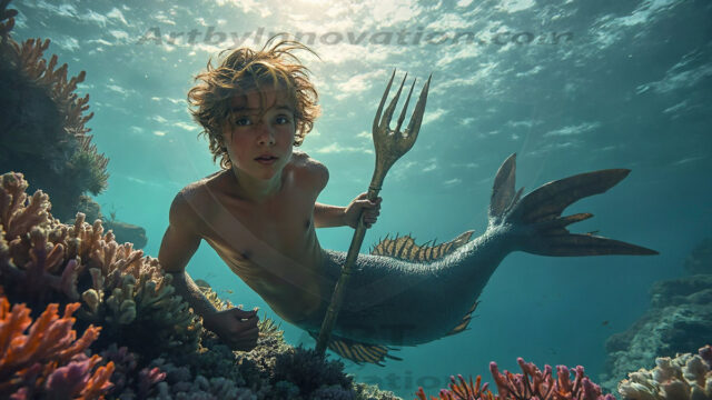 AI-generated HD photos featuring Mermen, The Warriors of the Sea. A collection of over 1,000 AI generated photo images of Mermen Warriors. Shirtless men from all age groups, with slim builds to hot and sexy, muscular body types, and from teenaged boys, to young men, to the handsome Elders. Merman warriors rising from a whirlpool, with a trident in hand, set against a stormy backdrop with dramatic lighting. Vibrant coral reefs, with detailed underwater scenes, highly realistic, with obsidian scales, that shimmer in the sunlight.