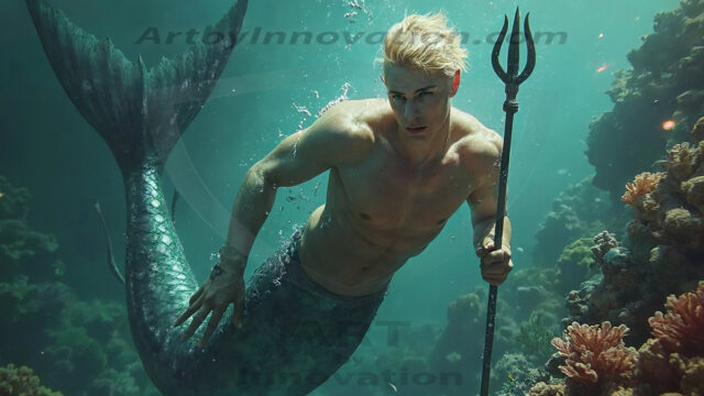 AI-generated HD photos featuring Mermen, The Warriors of the Sea. A collection of over 1,000 AI generated photo images of Mermen Warriors. Shirtless men from all age groups, with slim builds to hot and sexy, muscular body types, and from teenaged boys, to young men, to the handsome Elders. Merman warriors rising from a whirlpool, with a trident in hand, set against a stormy backdrop with dramatic lighting. Vibrant coral reefs, with detailed underwater scenes, highly realistic, with obsidian scales, that shimmer in the sunlight.