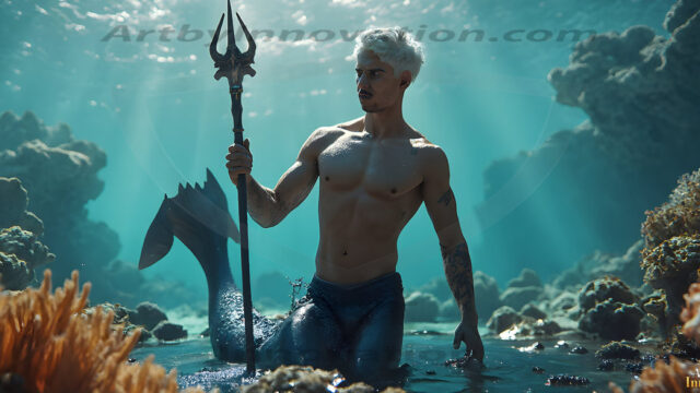 AI-generated HD photos featuring Mermen, The Warriors of the Sea. A collection of over 1,000 AI generated photo images of Mermen Warriors. Shirtless men from all age groups, with slim builds to hot and sexy, muscular body types, and from teenaged boys, to young men, to the handsome Elders. Merman warriors rising from a whirlpool, with a trident in hand, set against a stormy backdrop with dramatic lighting. Vibrant coral reefs, with detailed underwater scenes, highly realistic, with obsidian scales, that shimmer in the sunlight.