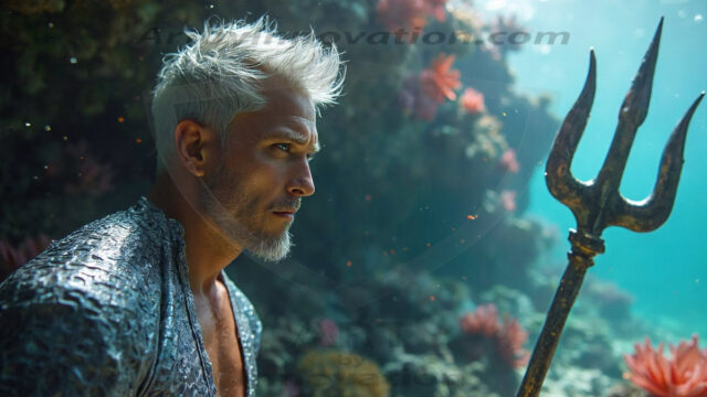 AI-generated HD photos featuring Mermen, The Warriors of the Sea. A collection of over 1,000 AI generated photo images of Mermen Warriors. Shirtless men from all age groups, with slim builds to hot and sexy, muscular body types, and from teenaged boys, to young men, to the handsome Elders. Merman warriors rising from a whirlpool, with a trident in hand, set against a stormy backdrop with dramatic lighting. Vibrant coral reefs, with detailed underwater scenes, highly realistic, with obsidian scales, that shimmer in the sunlight.