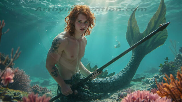 AI-generated HD photos featuring Mermen, The Warriors of the Sea. A collection of over 1,000 AI generated photo images of Mermen Warriors. Shirtless men from all age groups, with slim builds to hot and sexy, muscular body types, and from teenaged boys, to young men, to the handsome Elders. Merman warriors rising from a whirlpool, with a trident in hand, set against a stormy backdrop with dramatic lighting. Vibrant coral reefs, with detailed underwater scenes, highly realistic, with obsidian scales, that shimmer in the sunlight.