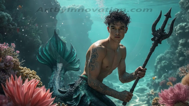 AI-generated HD photos featuring Mermen, The Warriors of the Sea. A collection of over 1,000 AI generated photo images of Mermen Warriors. Shirtless men from all age groups, with slim builds to hot and sexy, muscular body types, and from teenaged boys, to young men, to the handsome Elders. Merman warriors rising from a whirlpool, with a trident in hand, set against a stormy backdrop with dramatic lighting. Vibrant coral reefs, with detailed underwater scenes, highly realistic, with obsidian scales, that shimmer in the sunlight.