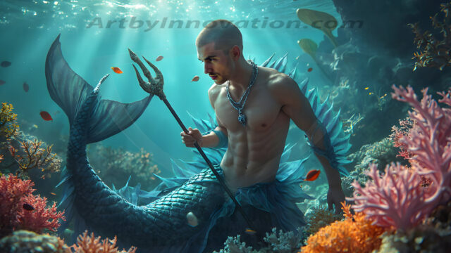 AI-generated HD photos featuring Mermen, The Warriors of the Sea. A collection of over 1,000 AI generated photo images of Mermen Warriors. Shirtless men from all age groups, with slim builds to hot and sexy, muscular body types, and from teenaged boys, to young men, to the handsome Elders. Merman warriors rising from a whirlpool, with a trident in hand, set against a stormy backdrop with dramatic lighting. Vibrant coral reefs, with detailed underwater scenes, highly realistic, with obsidian scales, that shimmer in the sunlight.