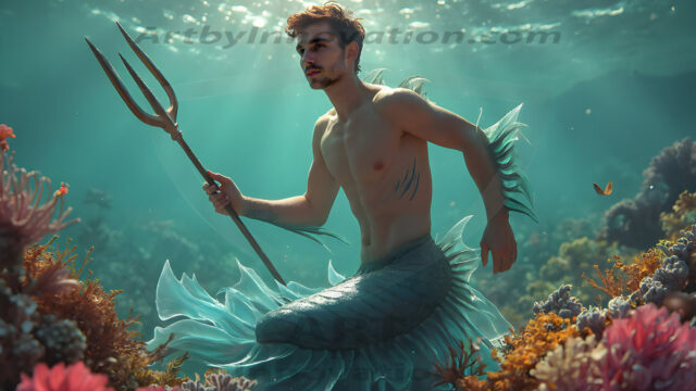 AI-generated HD photos featuring Mermen, The Warriors of the Sea. A collection of over 1,000 AI generated photo images of Mermen Warriors. Shirtless men from all age groups, with slim builds to hot and sexy, muscular body types, and from teenaged boys, to young men, to the handsome Elders. Merman warriors rising from a whirlpool, with a trident in hand, set against a stormy backdrop with dramatic lighting. Vibrant coral reefs, with detailed underwater scenes, highly realistic, with obsidian scales, that shimmer in the sunlight.