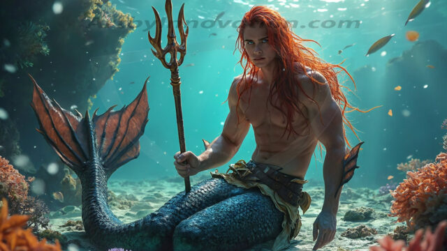 AI-generated HD photos featuring Mermen, The Warriors of the Sea. A collection of over 1,000 AI generated photo images of Mermen Warriors. Shirtless men from all age groups, with slim builds to hot and sexy, muscular body types, and from teenaged boys, to young men, to the handsome Elders. Merman warriors rising from a whirlpool, with a trident in hand, set against a stormy backdrop with dramatic lighting. Vibrant coral reefs, with detailed underwater scenes, highly realistic, with obsidian scales, that shimmer in the sunlight.