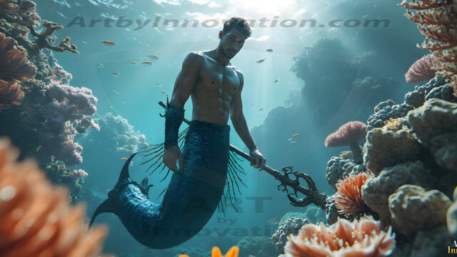 AI-generated HD photos featuring Mermen, The Warriors of the Sea. A collection of over 1,000 AI generated photo images of Mermen Warriors. Shirtless men from all age groups, with slim builds to hot and sexy, muscular body types, and from teenaged boys, to young men, to the handsome Elders. Merman warriors rising from a whirlpool, with a trident in hand, set against a stormy backdrop with dramatic lighting. Vibrant coral reefs, with detailed underwater scenes, highly realistic, with obsidian scales, that shimmer in the sunlight.