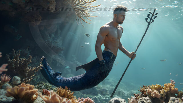 AI-generated HD photos featuring Mermen, The Warriors of the Sea. A collection of over 1,000 AI generated photo images of Mermen Warriors. Shirtless men from all age groups, with slim builds to hot and sexy, muscular body types, and from teenaged boys, to young men, to the handsome Elders. Merman warriors rising from a whirlpool, with a trident in hand, set against a stormy backdrop with dramatic lighting. Vibrant coral reefs, with detailed underwater scenes, highly realistic, with obsidian scales, that shimmer in the sunlight.