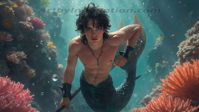 AI-generated HD photos featuring Mermen, The Warriors of the Sea. A collection of over 1,000 AI generated photo images of Mermen Warriors. Shirtless men from all age groups, with slim builds to hot and sexy, muscular body types, and from teenaged boys, to young men, to the handsome Elders. Merman warriors rising from a whirlpool, with a trident in hand, set against a stormy backdrop with dramatic lighting. Vibrant coral reefs, with detailed underwater scenes, highly realistic, with obsidian scales, that shimmer in the sunlight.