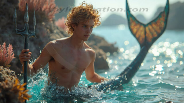 AI-generated HD photos featuring Mermen, The Warriors of the Sea. A collection of over 1,000 AI generated photo images of Mermen Warriors. Shirtless men from all age groups, with slim builds to hot and sexy, muscular body types, and from teenaged boys, to young men, to the handsome Elders. Merman warriors rising from a whirlpool, with a trident in hand, set against a stormy backdrop with dramatic lighting. Vibrant coral reefs, with detailed underwater scenes, highly realistic, with obsidian scales, that shimmer in the sunlight.