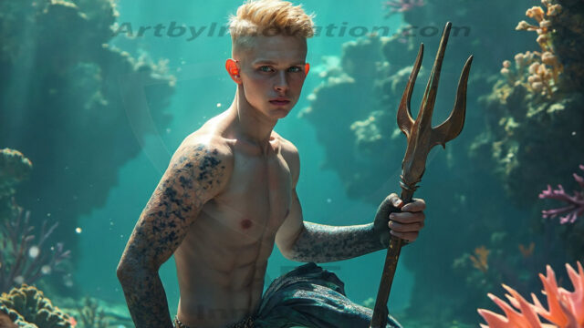 AI-generated HD photos featuring Mermen, The Warriors of the Sea. A collection of over 1,000 AI generated photo images of Mermen Warriors. Shirtless men from all age groups, with slim builds to hot and sexy, muscular body types, and from teenaged boys, to young men, to the handsome Elders. Merman warriors rising from a whirlpool, with a trident in hand, set against a stormy backdrop with dramatic lighting. Vibrant coral reefs, with detailed underwater scenes, highly realistic, with obsidian scales, that shimmer in the sunlight.