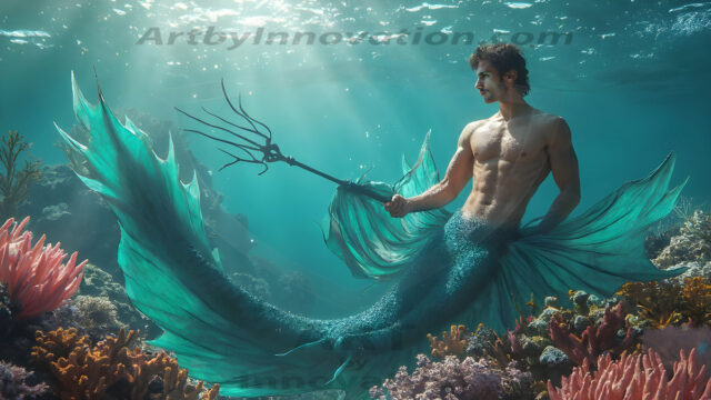 AI-generated HD photos featuring Mermen, The Warriors of the Sea. A collection of over 1,000 AI generated photo images of Mermen Warriors. Shirtless men from all age groups, with slim builds to hot and sexy, muscular body types, and from teenaged boys, to young men, to the handsome Elders. Merman warriors rising from a whirlpool, with a trident in hand, set against a stormy backdrop with dramatic lighting. Vibrant coral reefs, with detailed underwater scenes, highly realistic, with obsidian scales, that shimmer in the sunlight.