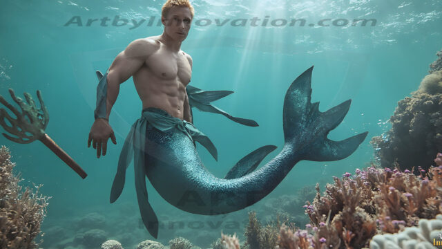 AI-generated HD photos featuring Mermen, The Warriors of the Sea. A collection of over 1,000 AI generated photo images of Mermen Warriors. Shirtless men from all age groups, with slim builds to hot and sexy, muscular body types, and from teenaged boys, to young men, to the handsome Elders. Merman warriors rising from a whirlpool, with a trident in hand, set against a stormy backdrop with dramatic lighting. Vibrant coral reefs, with detailed underwater scenes, highly realistic, with obsidian scales, that shimmer in the sunlight.