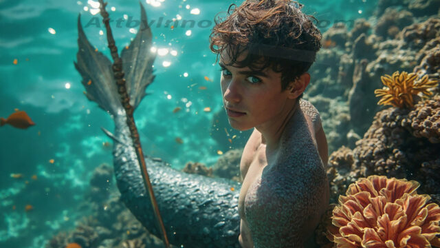 AI-generated HD photos featuring Mermen, The Warriors of the Sea. A collection of over 1,000 AI generated photo images of Mermen Warriors. Shirtless men from all age groups, with slim builds to hot and sexy, muscular body types, and from teenaged boys, to young men, to the handsome Elders. Merman warriors rising from a whirlpool, with a trident in hand, set against a stormy backdrop with dramatic lighting. Vibrant coral reefs, with detailed underwater scenes, highly realistic, with obsidian scales, that shimmer in the sunlight.